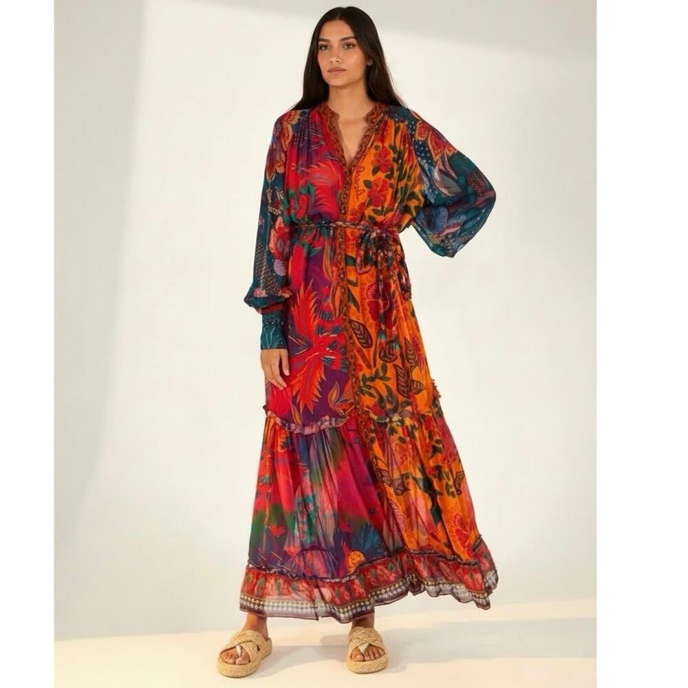 Farm Rio Mixed Prints Button Down Maxi Dress Long Sleeve Multicolor Size L NWT - Picture 2 of 13